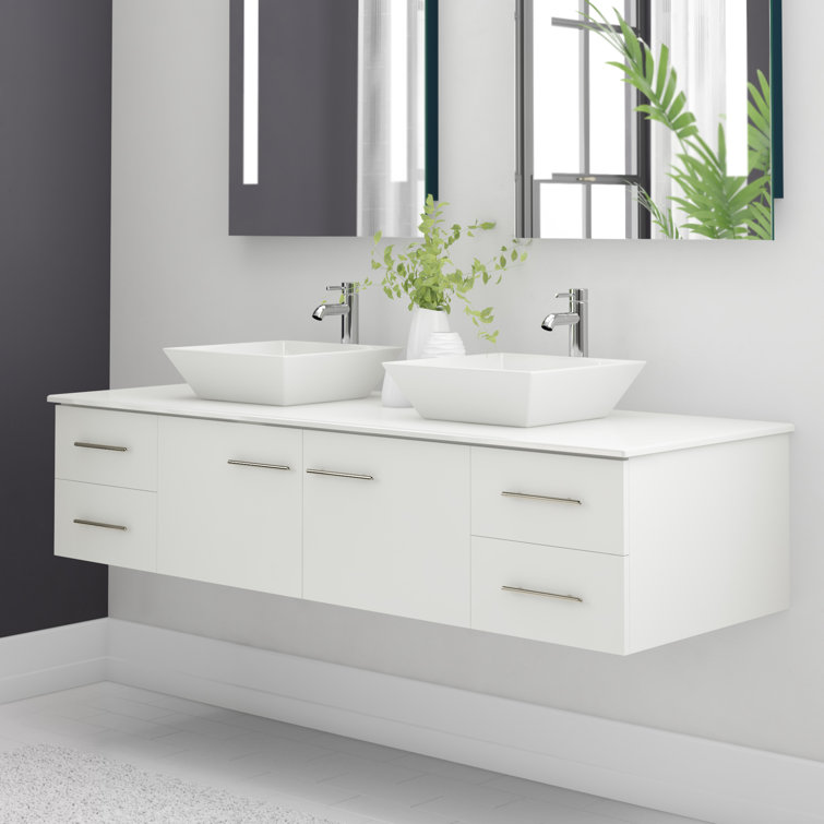 Orren Ellis Vinit 60'' Wall Mounted Double Bathroom Vanity with Glass